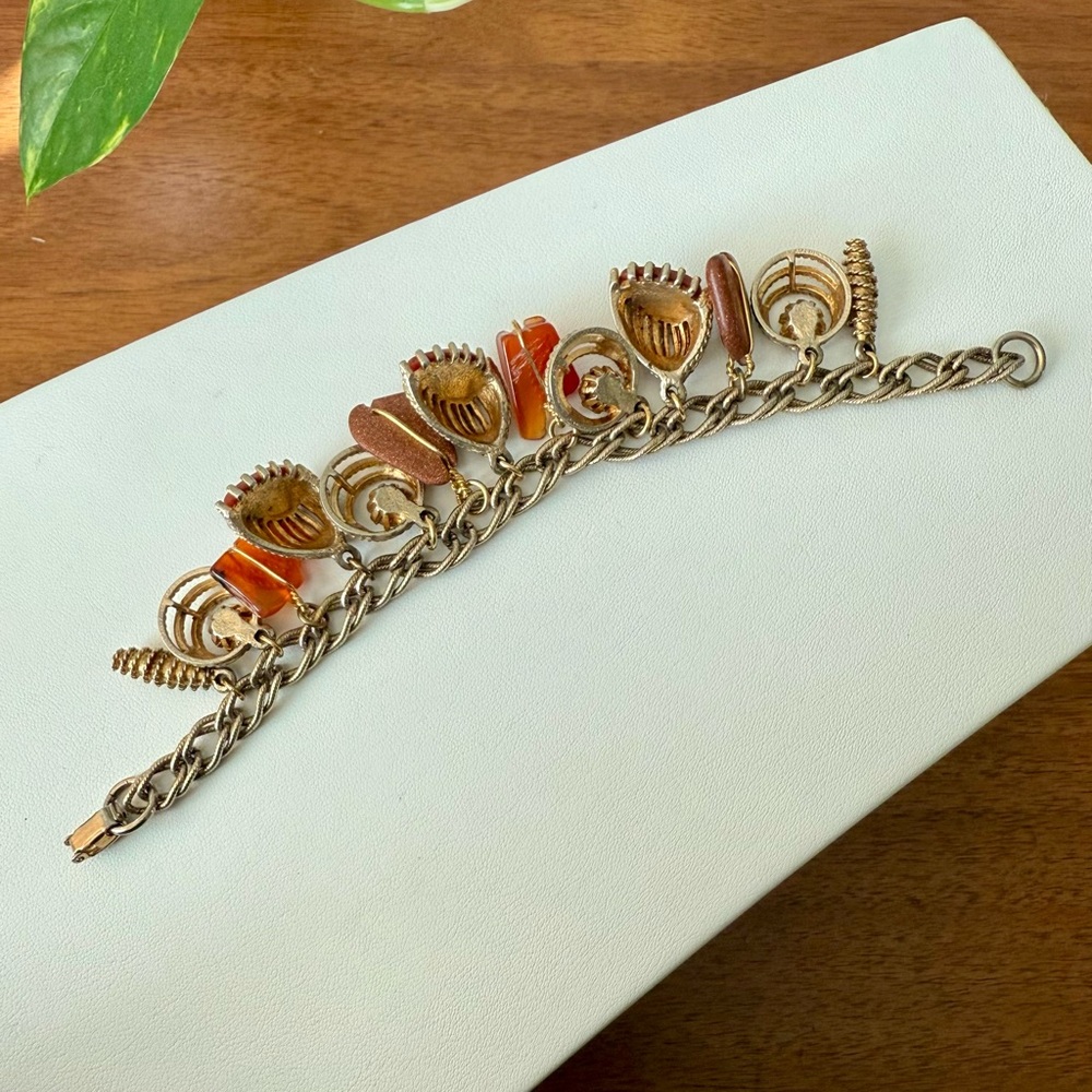 Vintage MCM Dangling Charm Bracelet Chunky Orange Rhinestones Goldstone 60’s - Picture 6 of 10